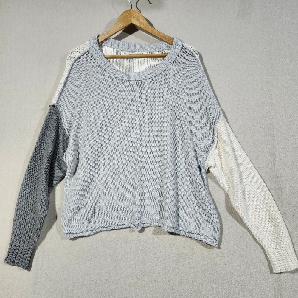 American Eagle Women XXL Colorblock Grey Cream Cotton Knit Oversized Sweater